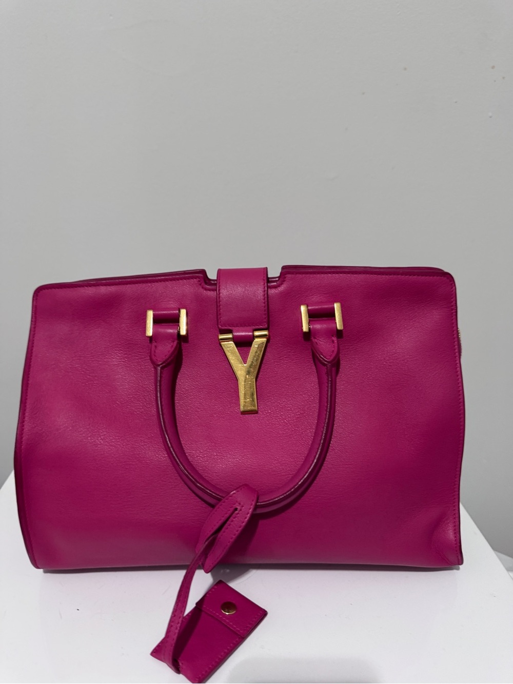 Saint Laurent Fuchsia Leather Satchel with Gold Y Hardware